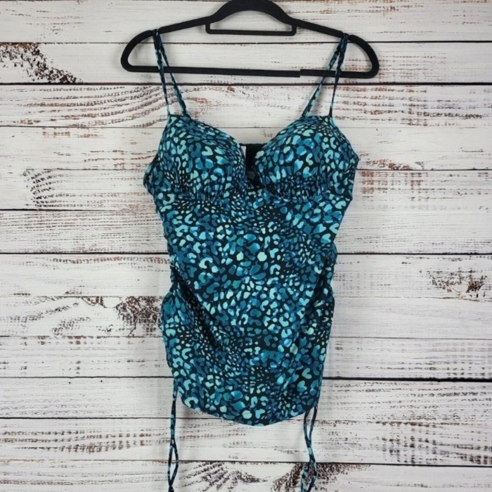Tropical Escape Blue Teal Leopard Print Ruched Tankini Swim Womens 14 Underwired